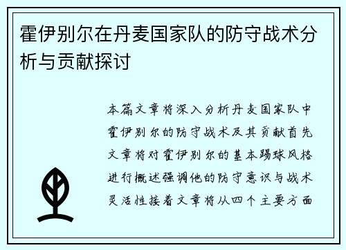 霍伊别尔在丹麦国家队的防守战术分析与贡献探讨